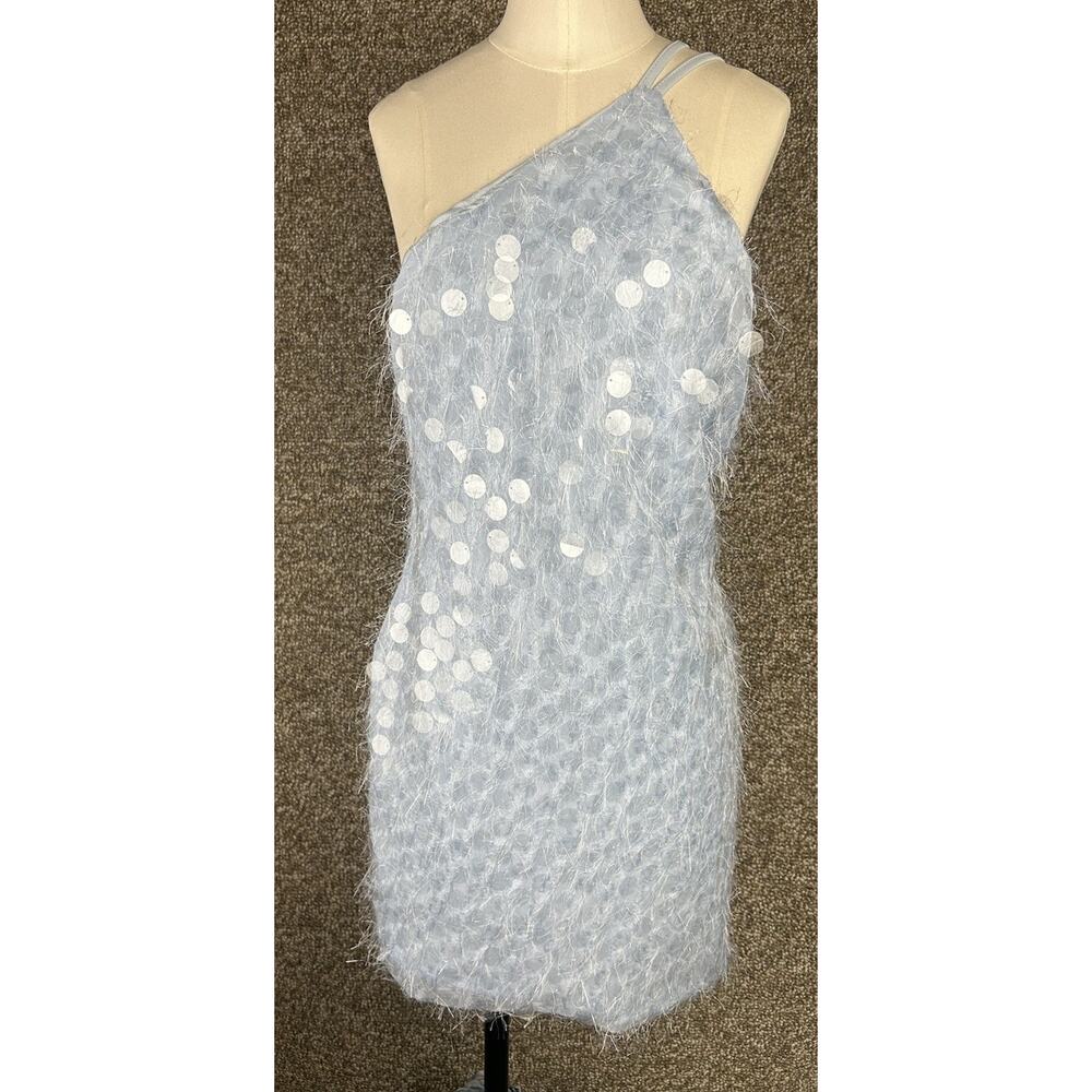 Womens Medium Blue Fuzzy Mini Dress Sequin Party Festival Club Halter Strappy
